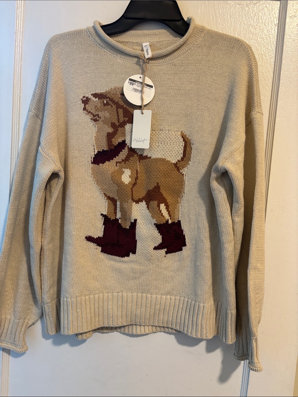 Wishlist Beige Crewneck Sweater with Dog Intarsia and Burgundy Accents